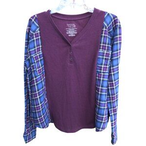 Upcycled Plaid And Waffle Knit Pullover: Oversized Plum Long Sleeved Flannel Tee